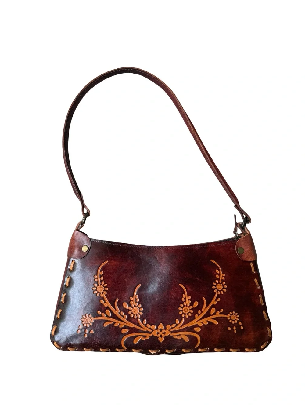 Vintage Brown Leather Shoulder Bag with Floral Embossing - Picture 2 of 10
